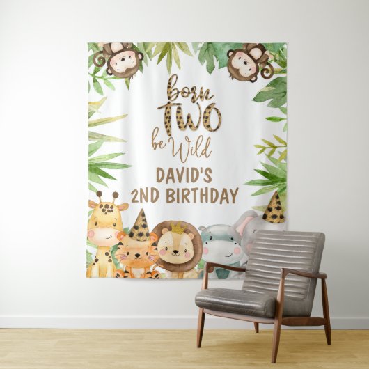 Jongens Safari Dieren Twee Wilde Verjaardag Groot Wandkleed (In situ)