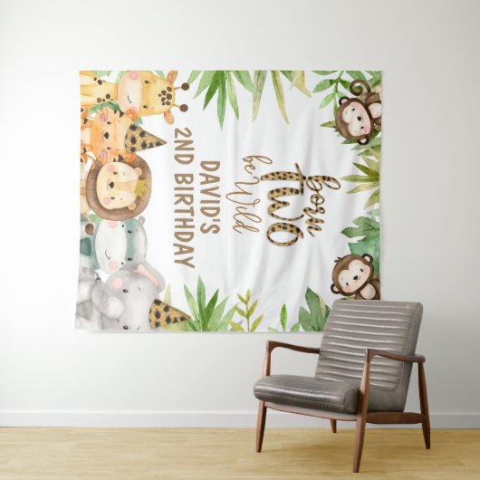 Jongens Safari Dieren Twee Wilde Verjaardag Groot Wandkleed (In Situ (horizontaal))