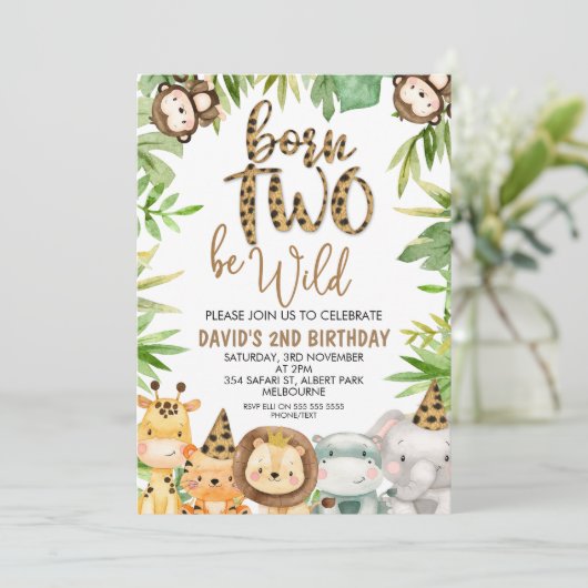 Jongens Safari Dieren Twee Wilde Verjaardag Uitnod Kaart (Staand voorkant)