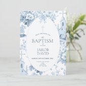 Jongens Save the Date, Blauw Toile Bloemen Doop Kaart (Staand voorkant)