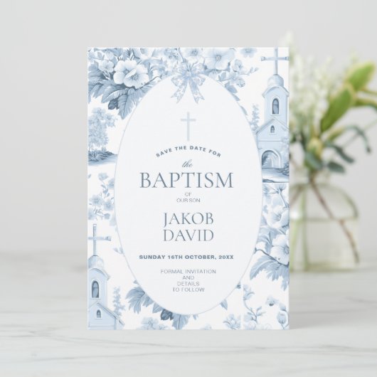 Jongens Save the Date, Blauw Toile Bloemen Doop Kaart (Staand voorkant)