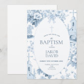 Jongens Save the Date, Blauw Toile Bloemen Doop Kaart (Voorkant / Achterkant)