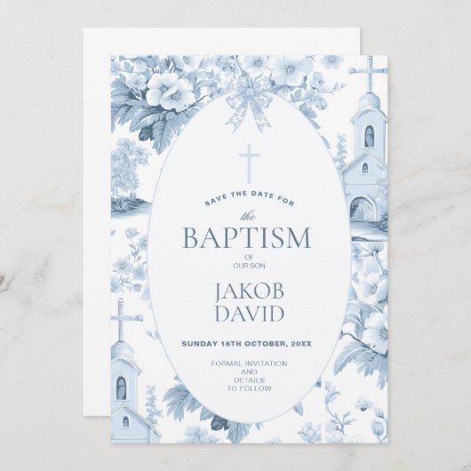 Jongens Save the Date, Blauw Toile Bloemen Doop Kaart (Voorkant / Achterkant)