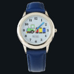 Jongens Schattig Blauw Trein met Naam Kinder Horloge<br><div class="desc">Dit schattige blauw kinder horloge heeft kleurrijke handgetekende doodle locomotief cartoon op blauw,  en kan worden gepersonaliseerd met de naam van uw jongen. Perfect voor trein- en reisliefhebbende kinder!</div>