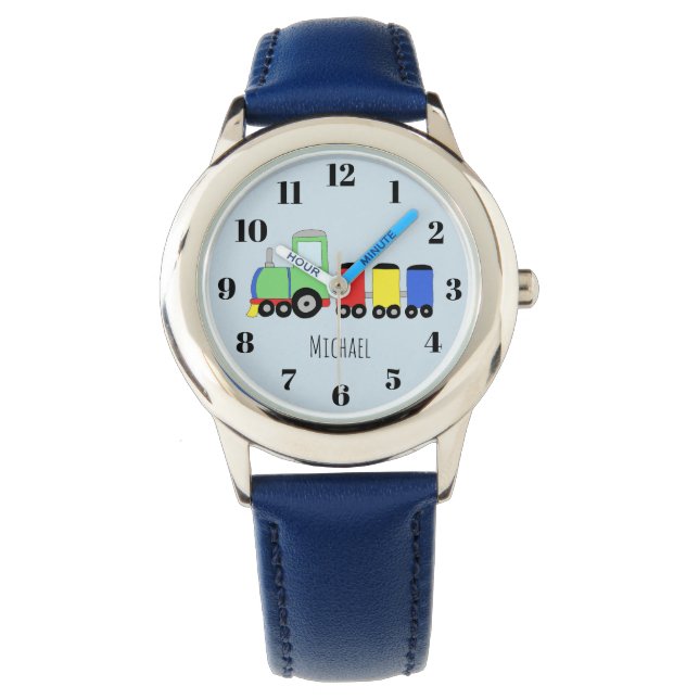 Jongens Schattig Blauw Trein met Naam Kinder Horloge (Voorkant)
