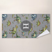 Jongens Schattig Waterverf Dinosaurus & Naam Kinde Badhanddoek (Badhanddoek)