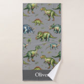 Jongens Schattig Waterverf Dinosaurus & Naam Kinde Badhanddoek (Badhanddoek)