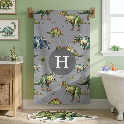 Jongens Schattig Waterverf Dinosaurus & Naam Kinde Badhanddoek