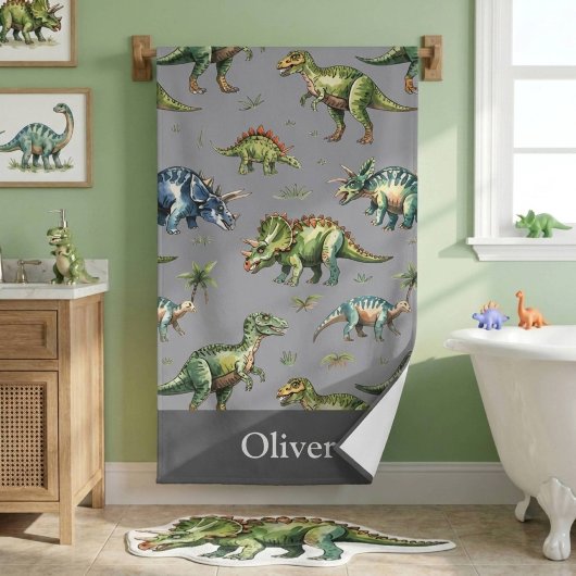 Jongens Schattig Waterverf Dinosaurus & Naam Kinde Badhanddoek