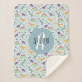 Jongens Schattige Blauw Dinosauruspatroon Monogram Sherpa Deken