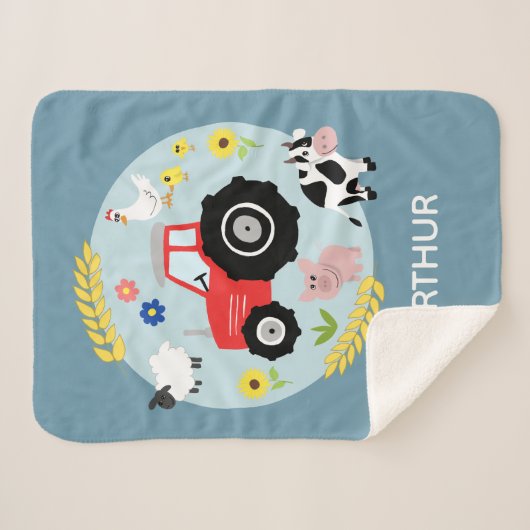 Jongens Schattige Blauwe Boerderijdieren Tractor & Sherpa Deken (Voorkant (horizontaal))
