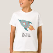 Jongens Schattige Blauwe Raketschip in Ruimte en N T-shirt (Voorkant)