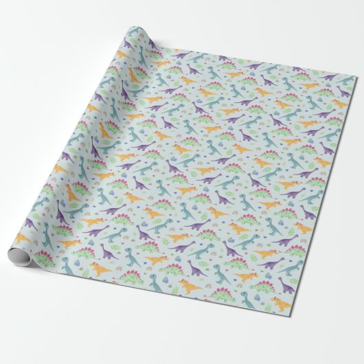 Jongens Schattige Blue Dinosaur Pattern Kids Verja Cadeaupapier (Uitgerold)