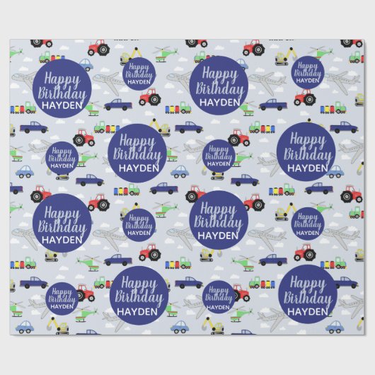 Jongens Schattige Happy Birthday Car Pattern Kinde Cadeaupapier (Vlak)