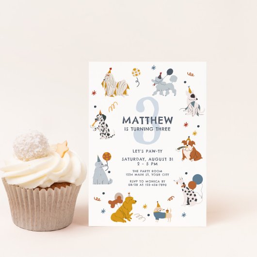 Jongens Schattige Hond Let's Pawty 3e Verjaardag Kaart