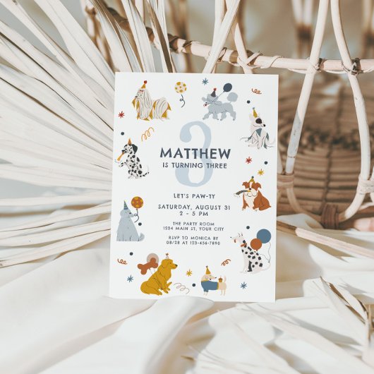 Jongens Schattige Hond Let's Pawty 3e Verjaardag Kaart