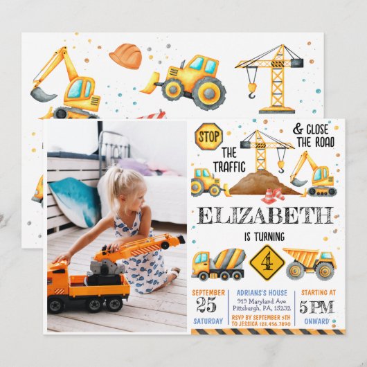 Jongens Schattige Modern Construction Kids Verjaar Kaart (Voorkant / Achterkant)