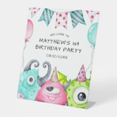 Jongens Schattige Monster Verjaardag Welkom Reclamebord Met Voetstuk (Voorkant)