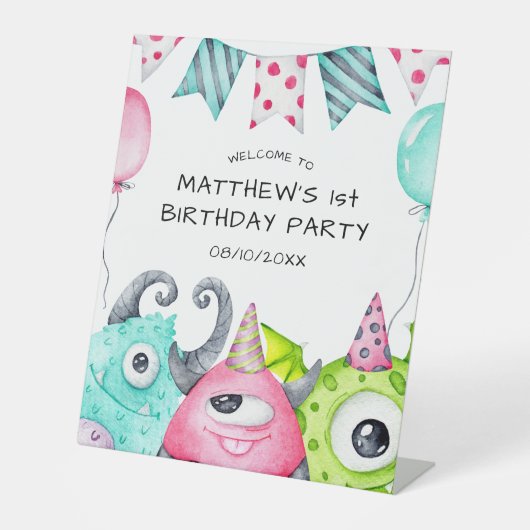 Jongens Schattige Monster Verjaardag Welkom Reclamebord Met Voetstuk (Voorkant)