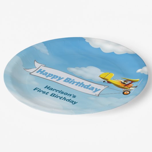 Jongens Schattige Reizen Vliegtuig Kids Verjaardag Papieren Bordje (Gekanteld)