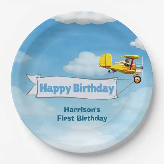 Jongens Schattige Reizen Vliegtuig Kids Verjaardag Papieren Bordje (Voorkant)