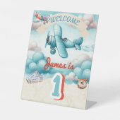 Jongens Schattige Reizen Vliegtuig Kids Verjaardag Reclamebord Met Voetstuk (Voorkant)
