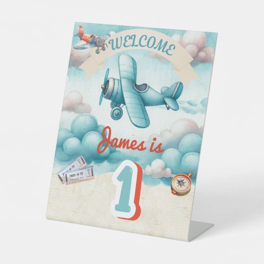 Jongens Schattige Reizen Vliegtuig Kids Verjaardag Reclamebord Met Voetstuk (Voorkant)