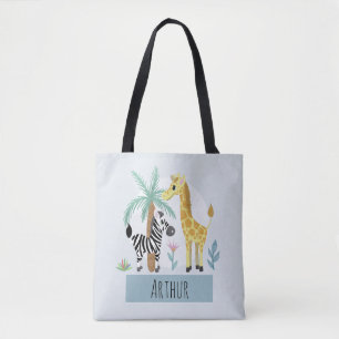 Jongens Schattige Safari Dieren Giraffe en Naam Ki Tote Bag