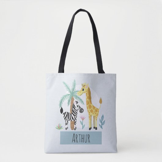 Jongens Schattige Safari Dieren Giraffe en Naam Ki Tote Bag (Voorkant)