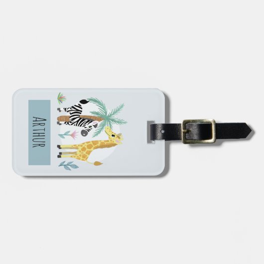 Jongens Schattige Safari Dieren Giraffe Naam Kinde Bagagelabel (Voorkant horizontaal)