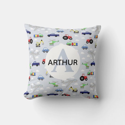 Jongens Schattigee Auto Tractor Vliegtuig en Naam Kussen (Voorkant)