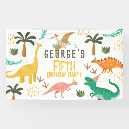 Jongens Schattigee dinosaurus T-Rex Kids Verjaarda Spandoek (Horizontaal)