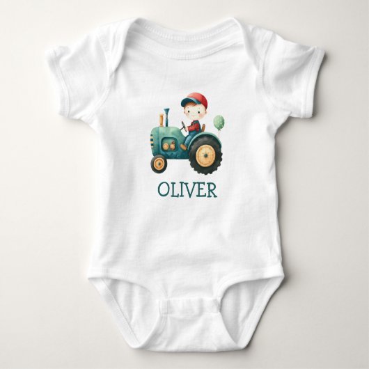 Jongens Schattigee Groene Tractor Gepersonaliseerd Romper (Voorkant)
