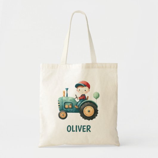 Jongens Schattigee Groene Tractor Gepersonaliseerd Tote Bag (Voorkant)