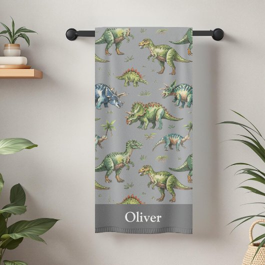 Jongens Schattigee Waterverf Dinosaurus & Naam Kin Badhanddoek