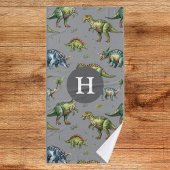 Jongens Schattigee Waterverf Dinosaurus & Naam Kin Badhanddoek