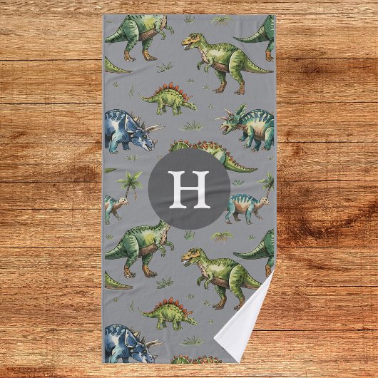 Jongens Schattigee Waterverf Dinosaurus & Naam Kin Badhanddoek