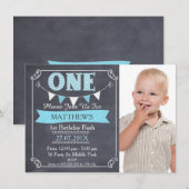 Jongens schoolbord Bunting 1e verjaardag uitnodigi Kaart (Voorkant / Achterkant)