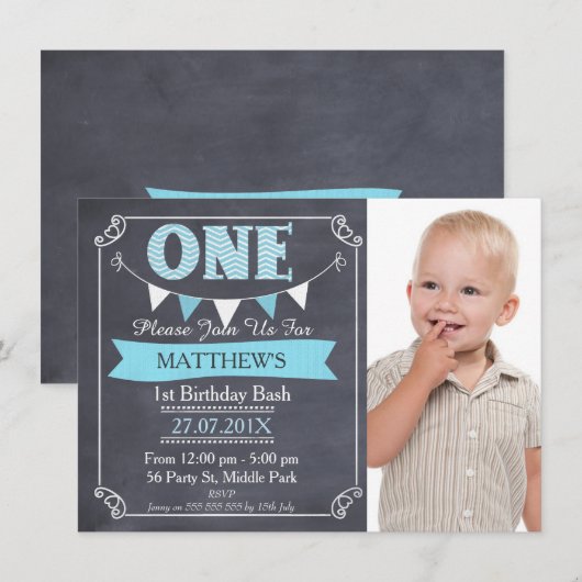 Jongens schoolbord Bunting 1e verjaardag uitnodigi Kaart (Voorkant / Achterkant)