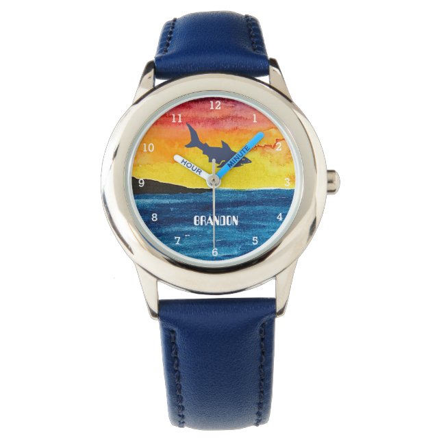 Jongens Shark Ocean Fish Cute Modern Blue Kinder Horloge (Voorkant)