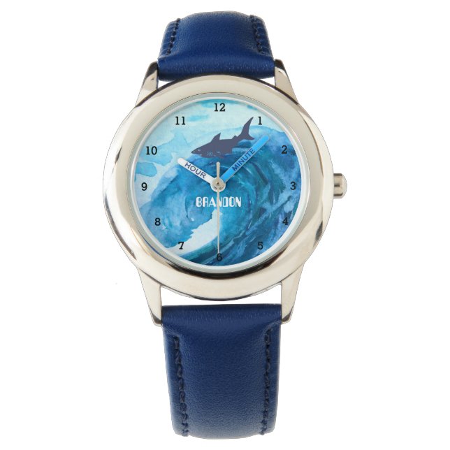Jongens Shark Ocean Fish Cute Modern Blue Kinder Horloge (Voorkant)