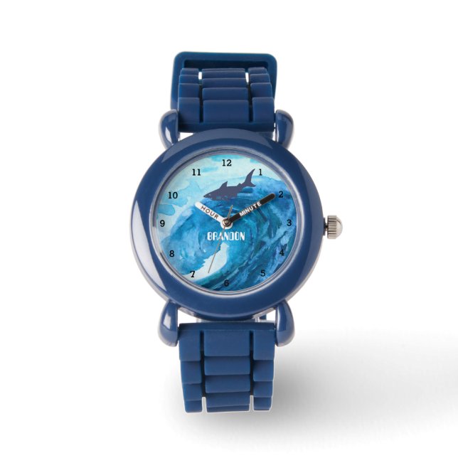Jongens Shark Ocean Fish Cute Modern Blue Kinder W Horloge (Voorkant)