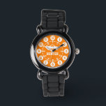 Jongens sinaasappel witte naam polshorloge horloge<br><div class="desc">Grafische kunst kinder horloge met een eenvoudige witte auto op een lichte oranje achtergrond. Geweldig voor schoolgaande jongens die leren om een klok te lezen als functies zowel minuten en uren. Aanpassen met jouw naam voorbeeld leest Hunter. Geweldig voor school en sport als functies uw jongensnaam. Kunst en design door...</div>