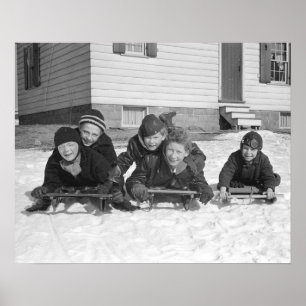 Jongens sleeën, 1936. Oude foto Poster