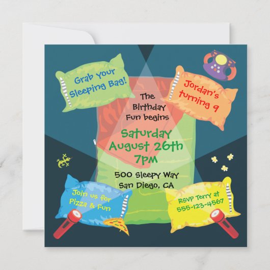 Jongens Sleepover Slumber Party Uitnodiging (Achterkant)