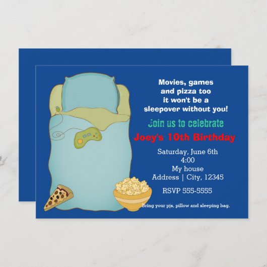 Jongens Sleepover Slumber Party Verjaardag uitnodi Kaart (Voorkant / Achterkant)