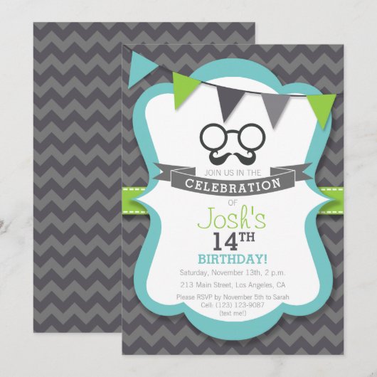 Jongens snor verjaardagsfeestje uitnodiging (Voorkant / Achterkant)