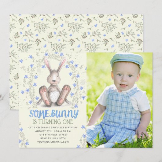 Jongens Some Bunny Foto Eerste Verjaardagsfeestje Kaart (Voorkant / Achterkant)