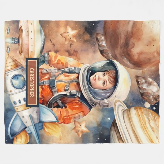 Jongens Space Blanket Gepersonaliseerde Astronaut  Fleece Deken (Voorkant (Horizontaal))