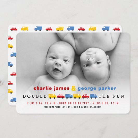 Jongens Speelgoed Kleurrijk Vervoer Tweeling Jonge Aankondiging (Voorkant / Achterkant)